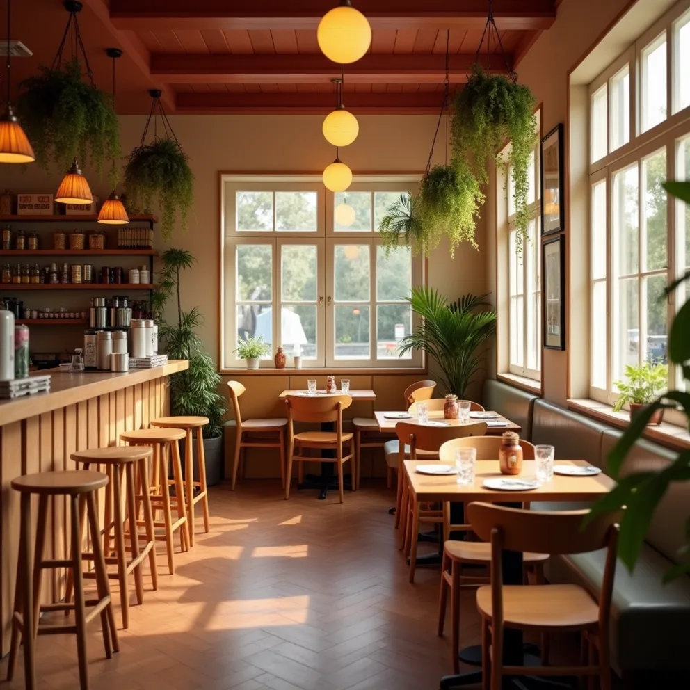 Interior acogedor del restaurante con mesas de madera y plantas