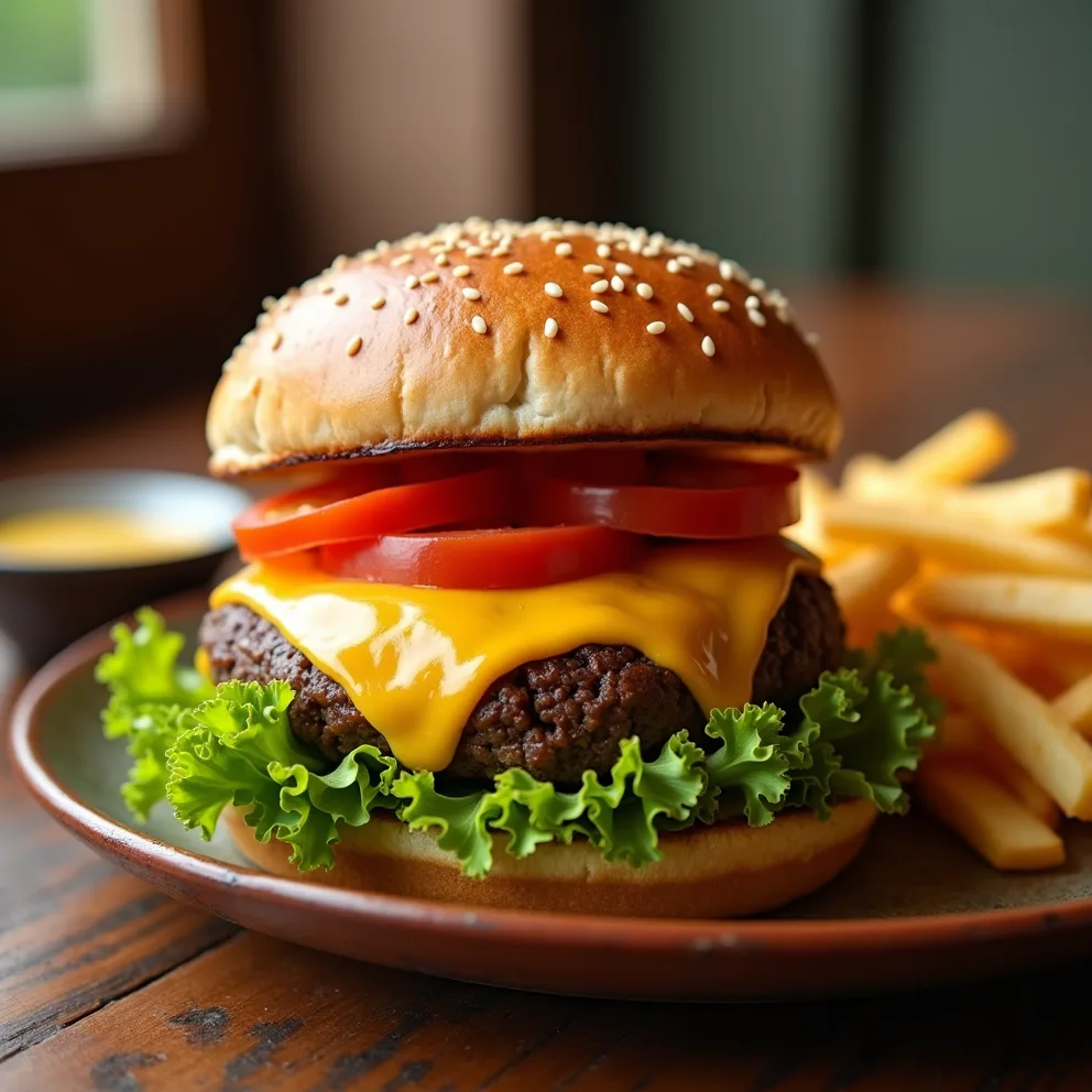 Hamburguesa La Terraza con queso fundido y papas a la francesa