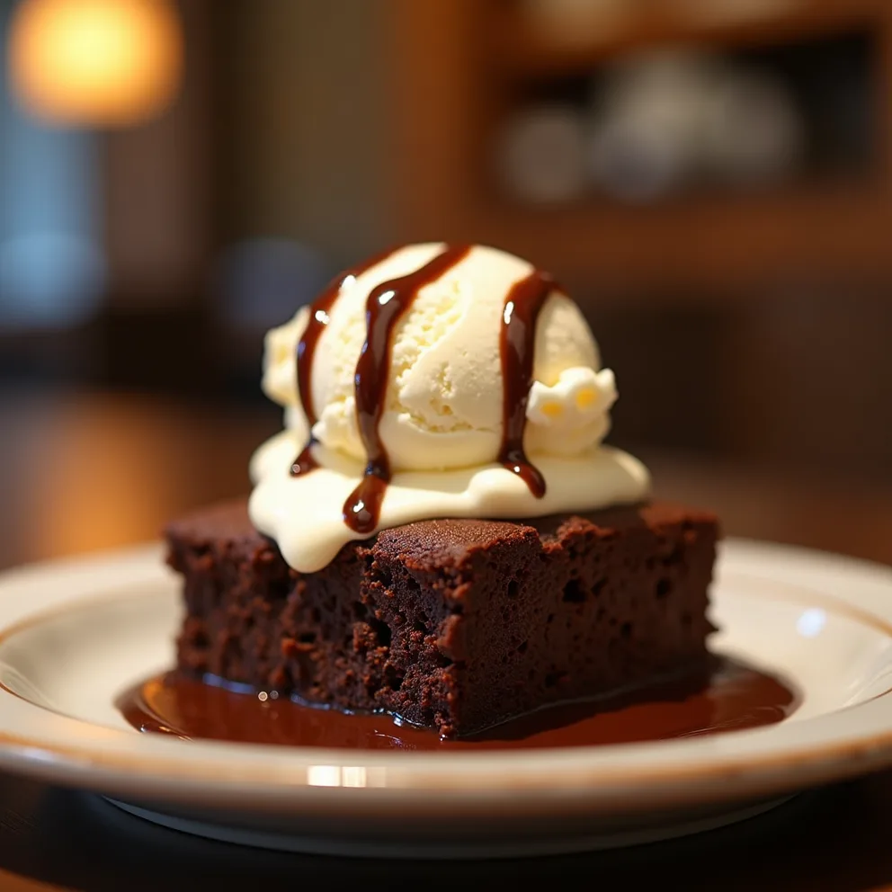 Brownie tibio con helado de vainilla derritiéndose