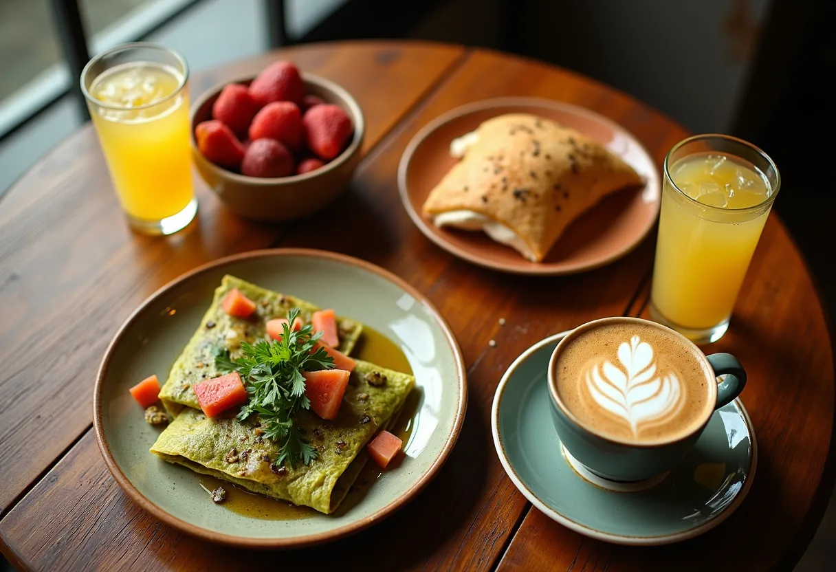 Mesa servida con chilaquiles verdes, fruta fresca, un latte con arte y limonada natural